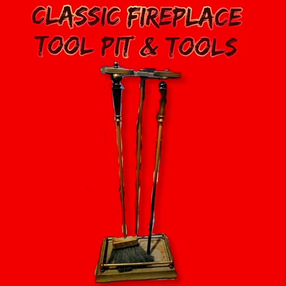 Vintage Brass Pristine Fireplace🔥Tools Linked Ensembled (5 Brass Tools & Base) - Picture 1 of 6